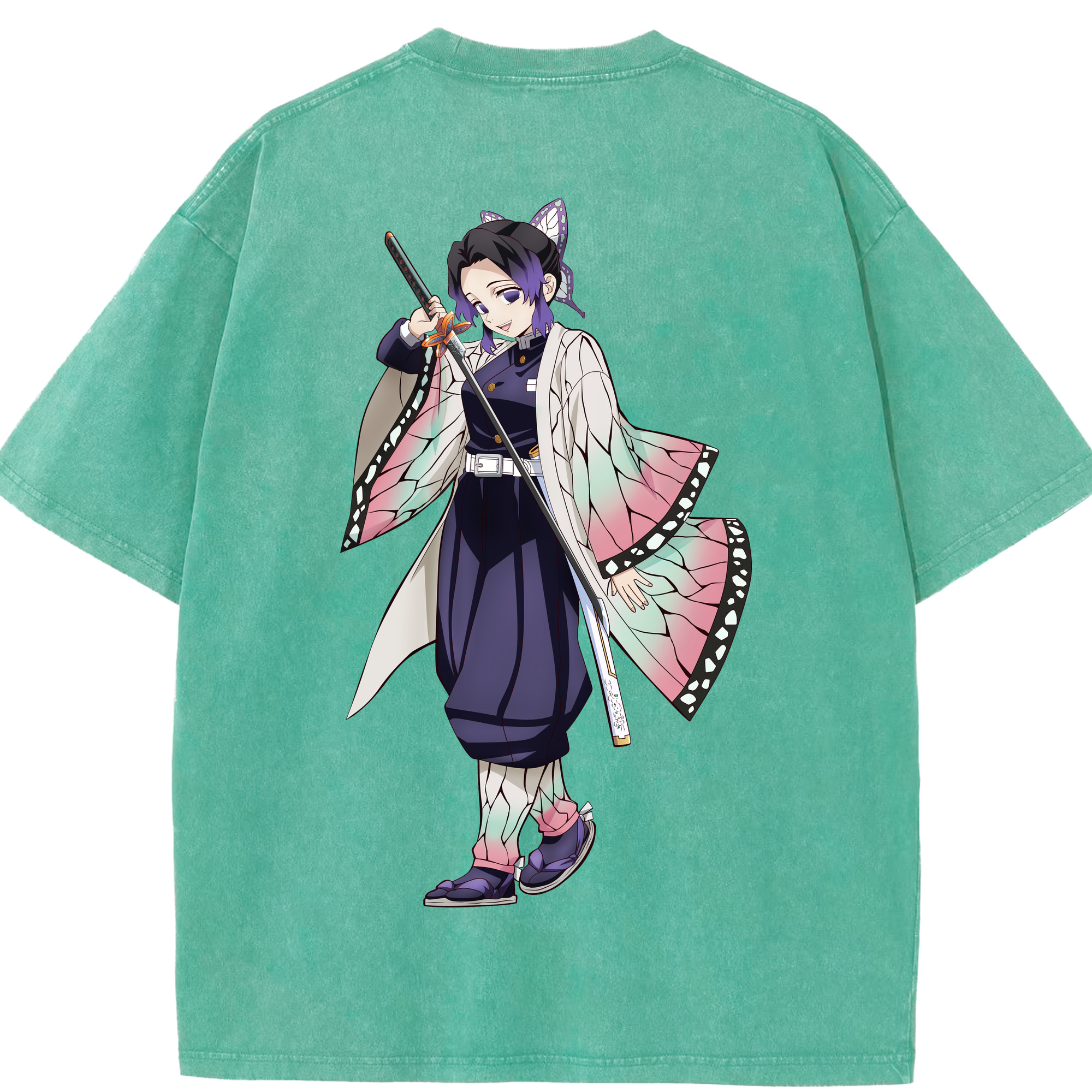 （画像用） 鬼滅の刃（きめつのやいば）蟲柱-胡蝶 しのぶ／こちょう しのぶ Kochou Shinobu 綿100% ヴィンテージ風 半袖Tシャツ（背面プリント）